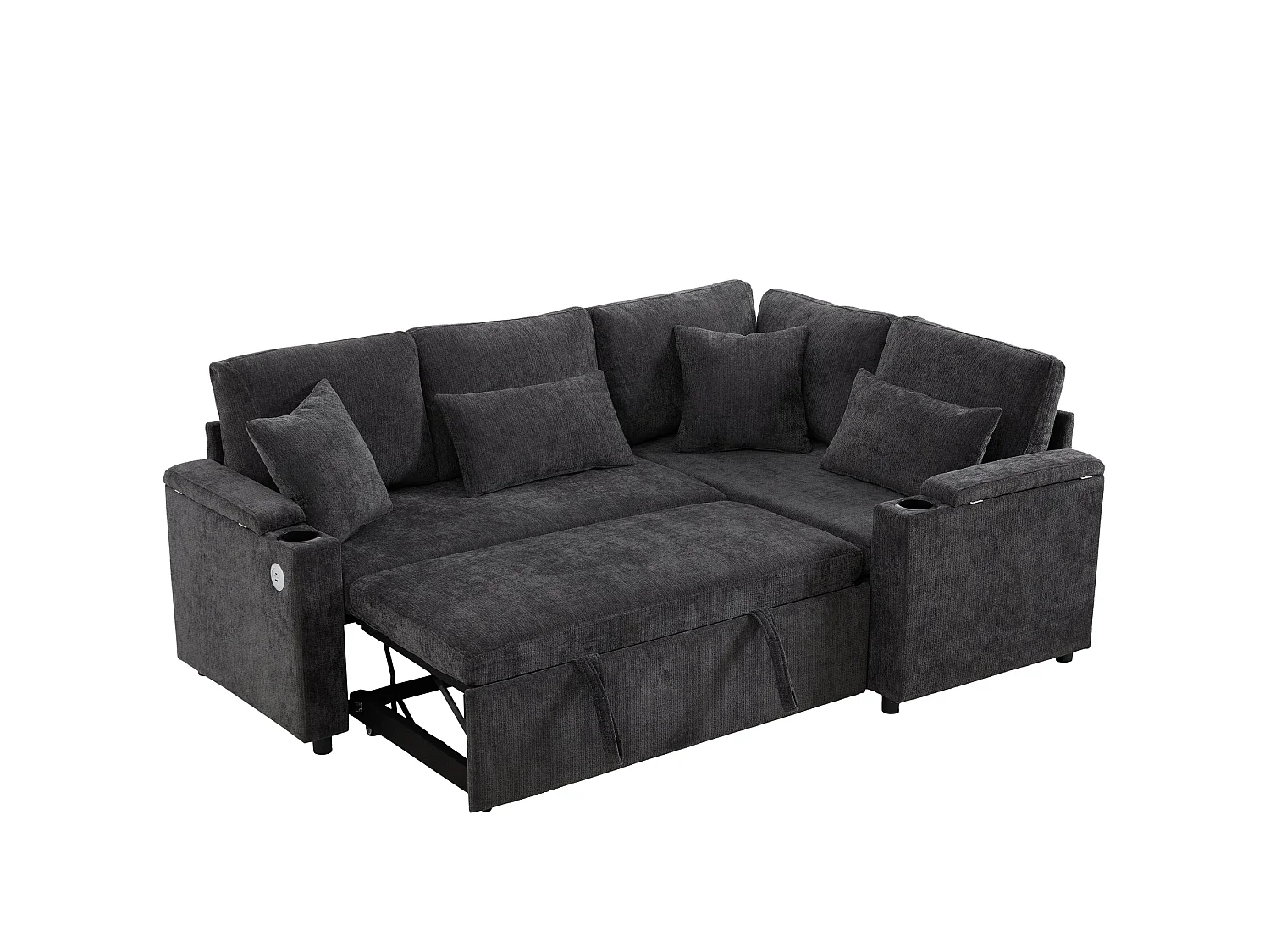 Canapé d'angle convertible, avec espace de rangement, port de chargement USB, 4 coussins, en Tissu Chenille, gris