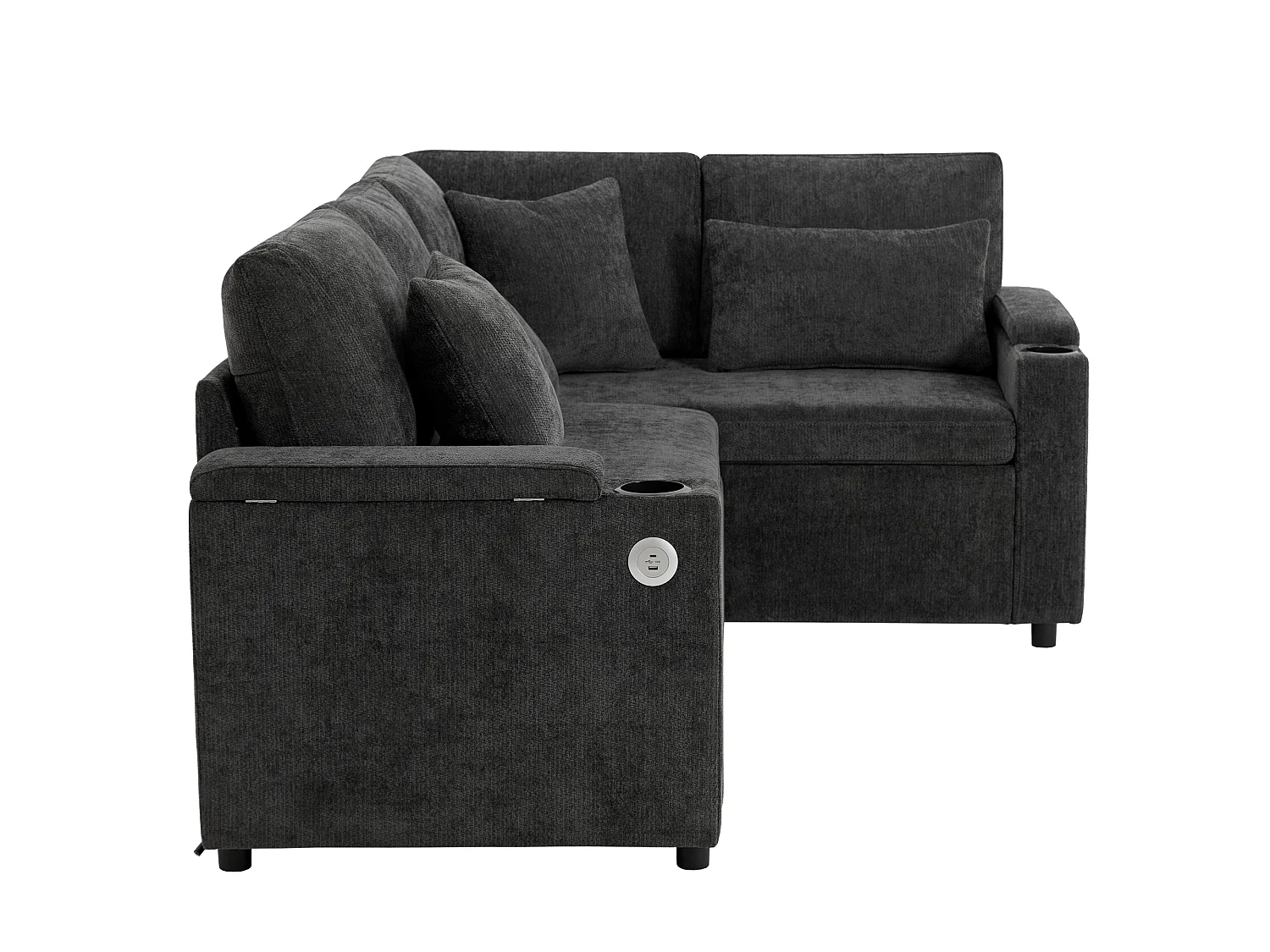 Canapé d'angle convertible, avec espace de rangement, port de chargement USB, 4 coussins, en Tissu Chenille, gris