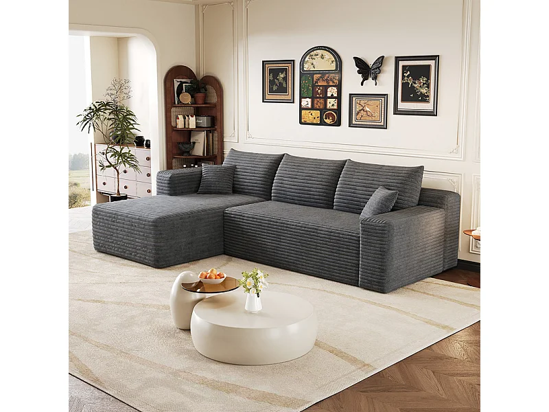 Canapé d'angle gauche 3 places en velours côtelé gris 241x151x84 cm