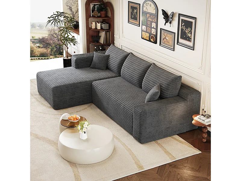 Canapé d'angle gauche 3 places en velours côtelé gris 241x151x84 cm
