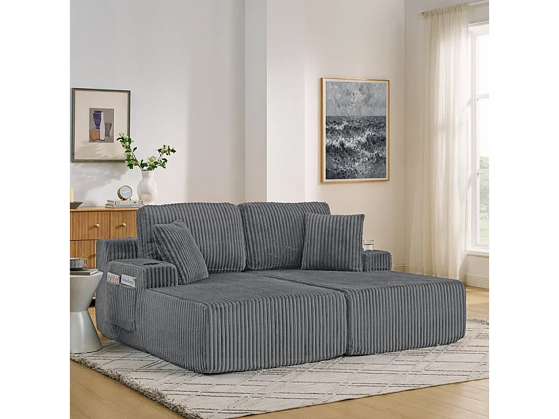 Chaise longue modulare 2 posti in velluto a coste, con portabicchieri, 186x154x78cm, Grigio