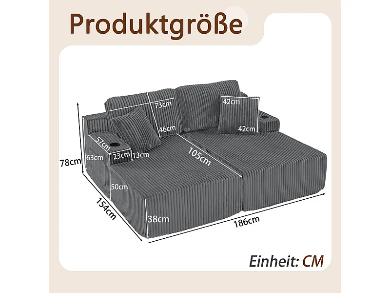Chaise longue modulare 2 posti in velluto a coste, con portabicchieri, 186x154x78cm, Grigio