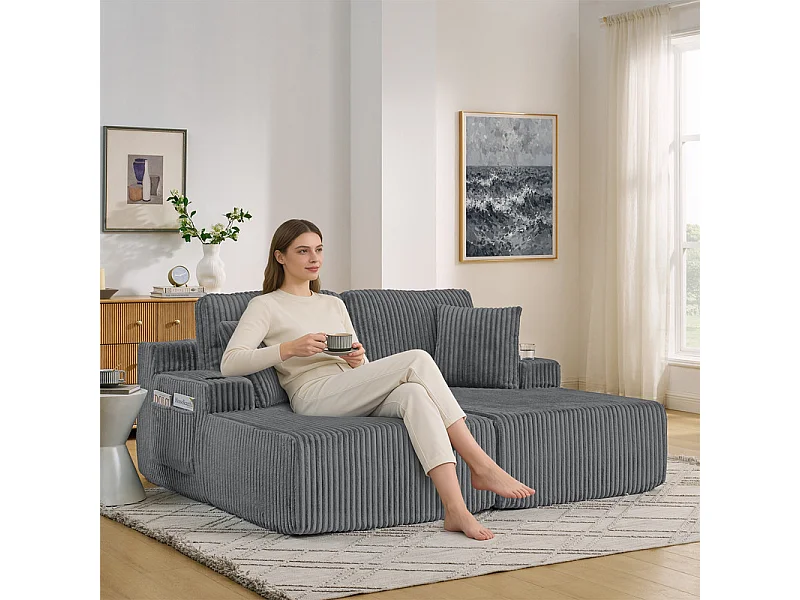 Chaise longue modulare 2 posti in velluto a coste, con portabicchieri, 186x154x78cm, Grigio