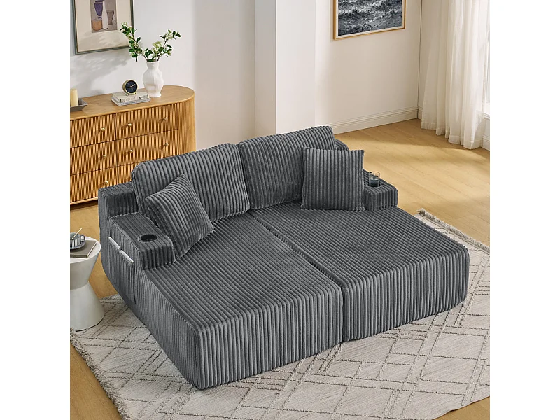 Chaise longue modulare 2 posti in velluto a coste, con portabicchieri, 186x154x78cm, Grigio