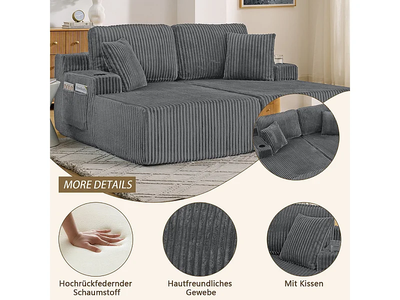 Chaise longue modulare 2 posti in velluto a coste, con portabicchieri, 186x154x78cm, Grigio