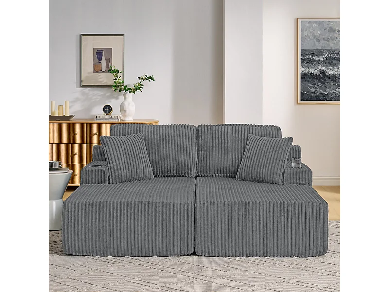 Chaise longue modulare 2 posti in velluto a coste, con portabicchieri, 186x154x78cm, Grigio