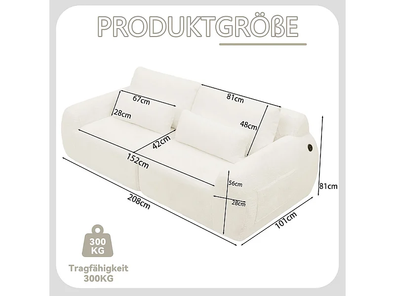 Divano 2 posti modulare con USB, in tessuto finto pelo di coniglio, 208x101x81cm, Beige