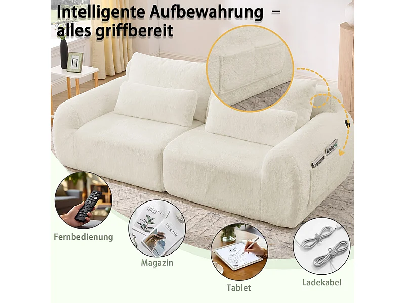 Divano 2 posti modulare con USB, in tessuto finto pelo di coniglio, 208x101x81cm, Beige