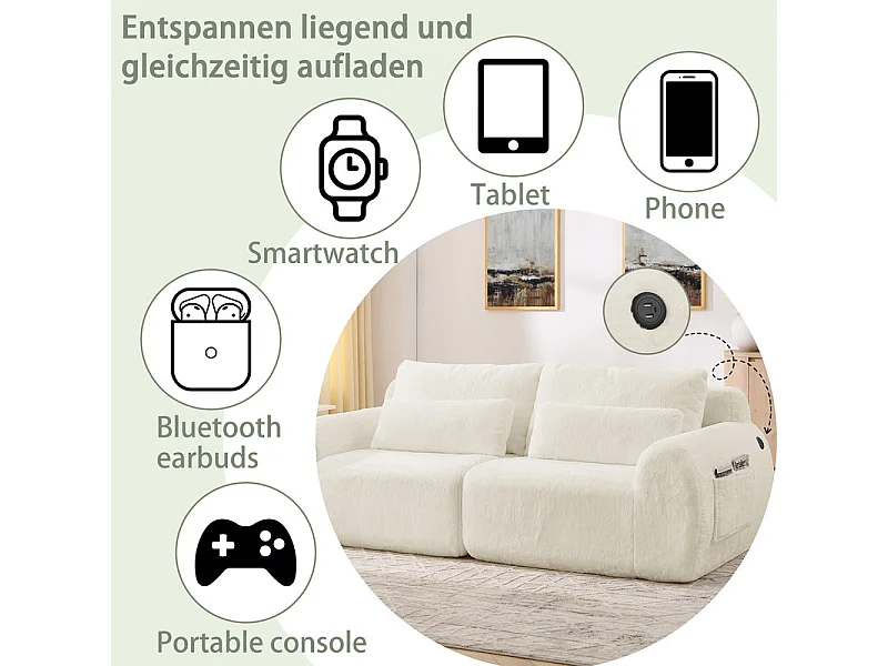 Divano 2 posti modulare con USB, in tessuto finto pelo di coniglio, 208x101x81cm, Beige