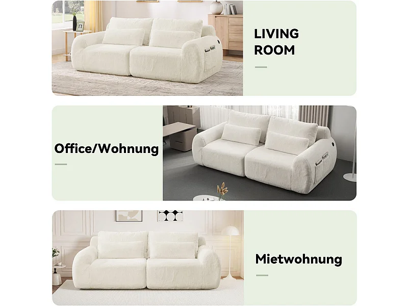 Divano 2 posti modulare con USB, in tessuto finto pelo di coniglio, 208x101x81cm, Beige