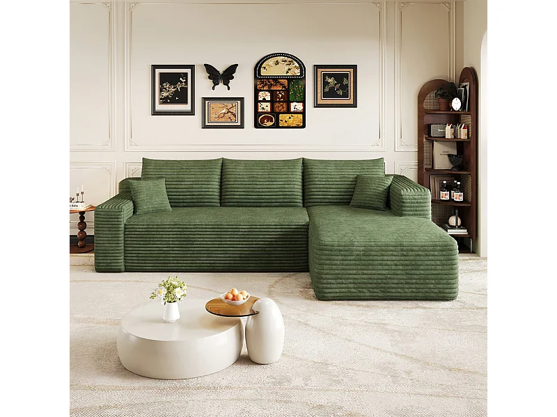 241cm Divano angolare destro in velluto a coste - 3 posti modulare con chaise - Verde
