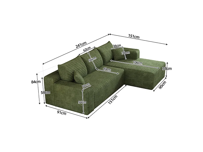 241cm Divano angolare destro in velluto a coste - 3 posti modulare con chaise - Verde