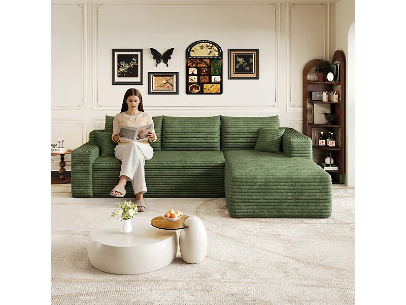 241cm Divano angolare destro in velluto a coste - 3 posti modulare con chaise - Verde