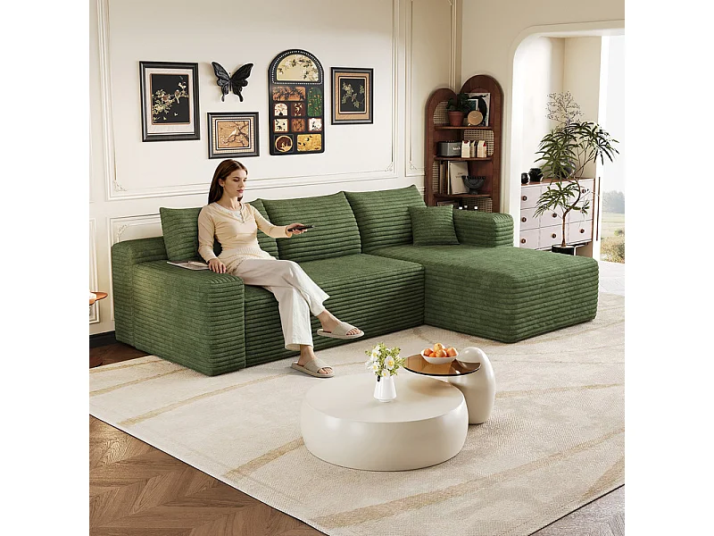 241cm Divano angolare destro in velluto a coste - 3 posti modulare con chaise - Verde