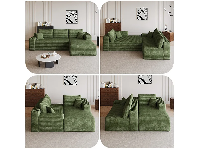 241cm Divano angolare destro in velluto a coste - 3 posti modulare con chaise - Verde