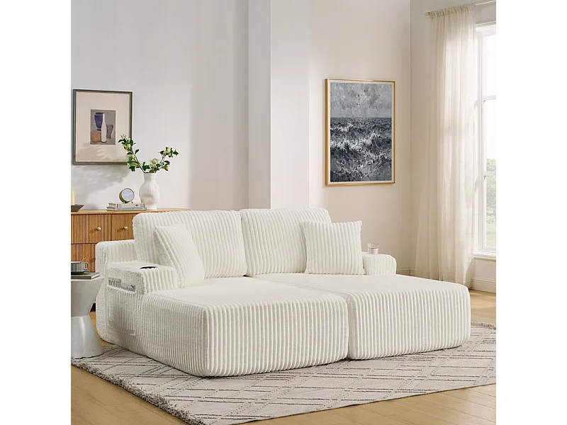 Chaise longue modulare 2 posti in velluto a coste, con portabicchieri, 186x154x78cm, Beige