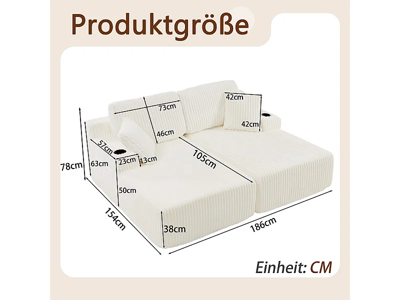 Chaise longue modulare 2 posti in velluto a coste, con portabicchieri, 186x154x78cm, Beige