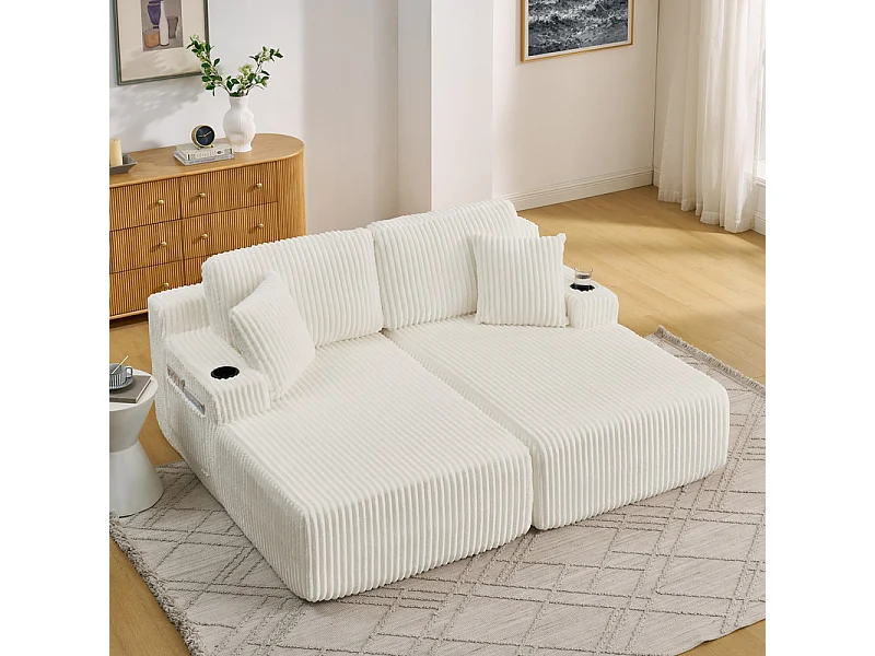 Chaise longue modulare 2 posti in velluto a coste, con portabicchieri, 186x154x78cm, Beige