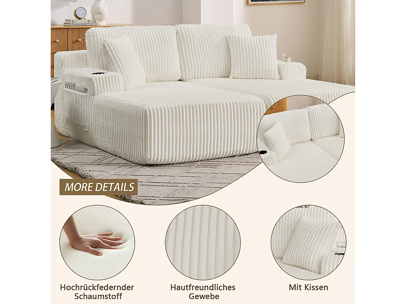 Chaise longue modulare 2 posti in velluto a coste, con portabicchieri, 186x154x78cm, Beige