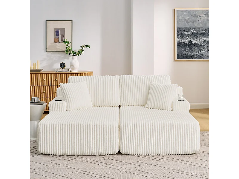Chaise longue modulare 2 posti in velluto a coste, con portabicchieri, 186x154x78cm, Beige