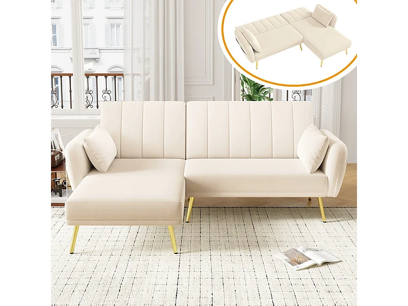 Divano angolare reversibile convertibile in velluto, schienale regolabile su 3 livelli, Beige