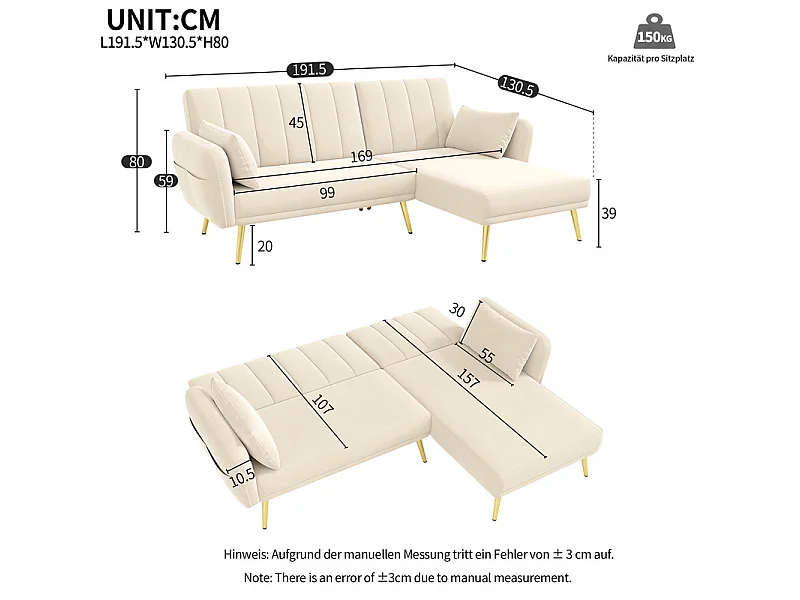 Divano angolare reversibile convertibile in velluto, schienale regolabile su 3 livelli, Beige