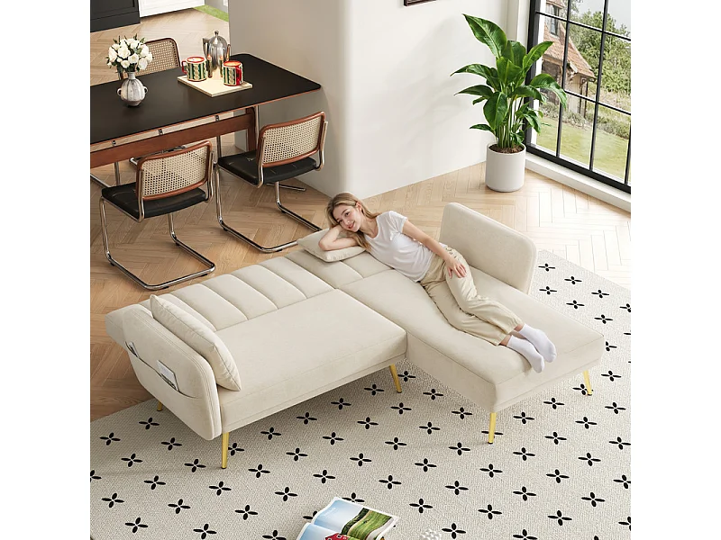 Divano angolare reversibile convertibile in velluto, schienale regolabile su 3 livelli, Beige