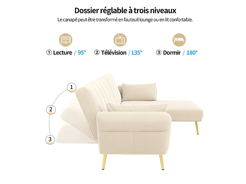 Divano angolare reversibile convertibile in velluto, schienale regolabile su 3 livelli, Beige