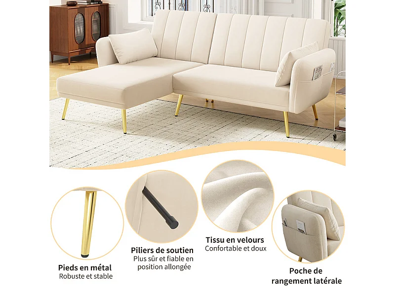 Divano angolare reversibile convertibile in velluto, schienale regolabile su 3 livelli, Beige