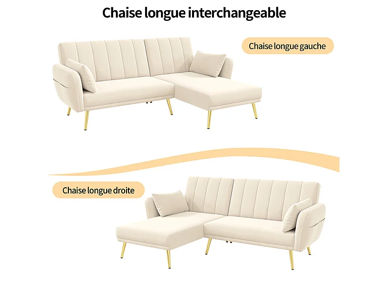 Divano angolare reversibile convertibile in velluto, schienale regolabile su 3 livelli, Beige