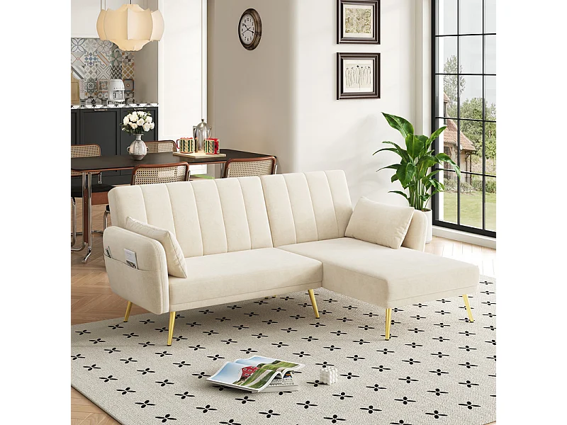 Divano angolare reversibile convertibile in velluto, schienale regolabile su 3 livelli, Beige
