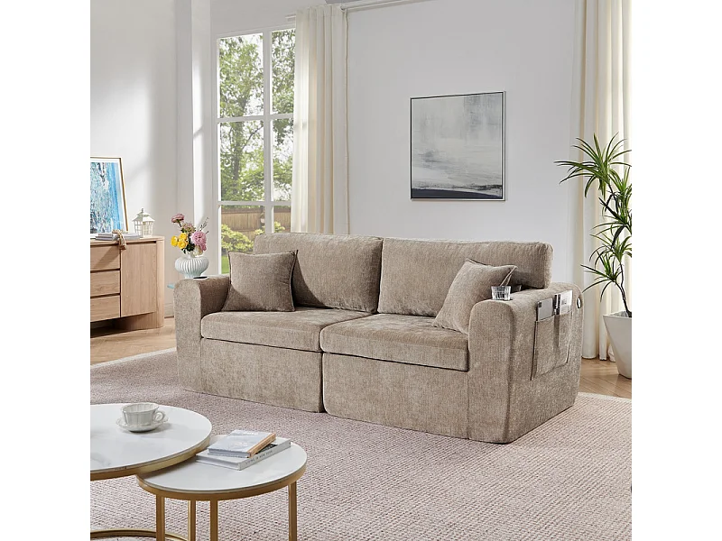 Divano 2 posti modulare in tessuto ciniglia, con portabicchieri e USB, 220x100x89cm, Marrone