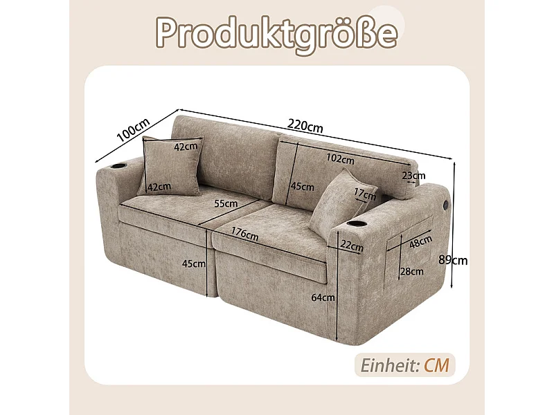Divano 2 posti modulare in tessuto ciniglia, con portabicchieri e USB, 220x100x89cm, Marrone