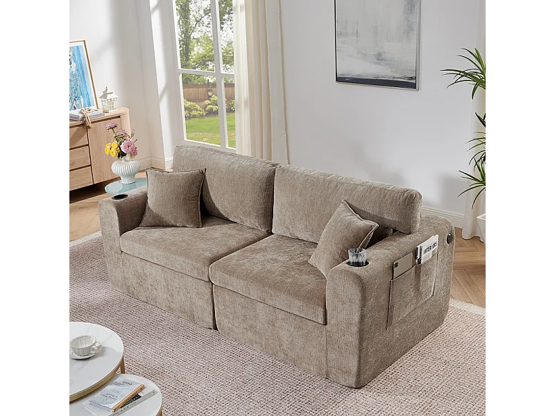 Divano 2 posti modulare in tessuto ciniglia, con portabicchieri e USB, 220x100x89cm, Marrone