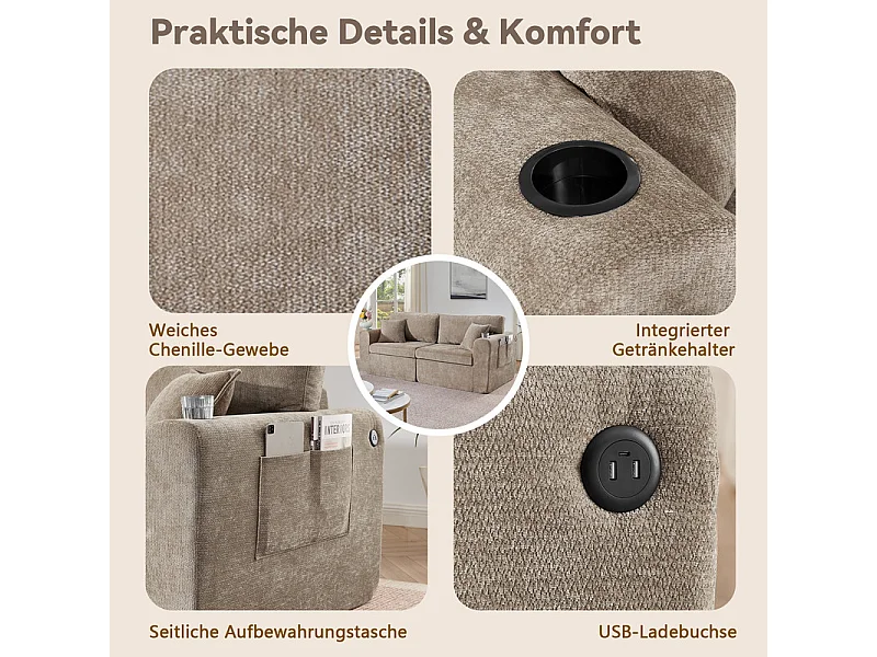 Divano 2 posti modulare in tessuto ciniglia, con portabicchieri e USB, 220x100x89cm, Marrone