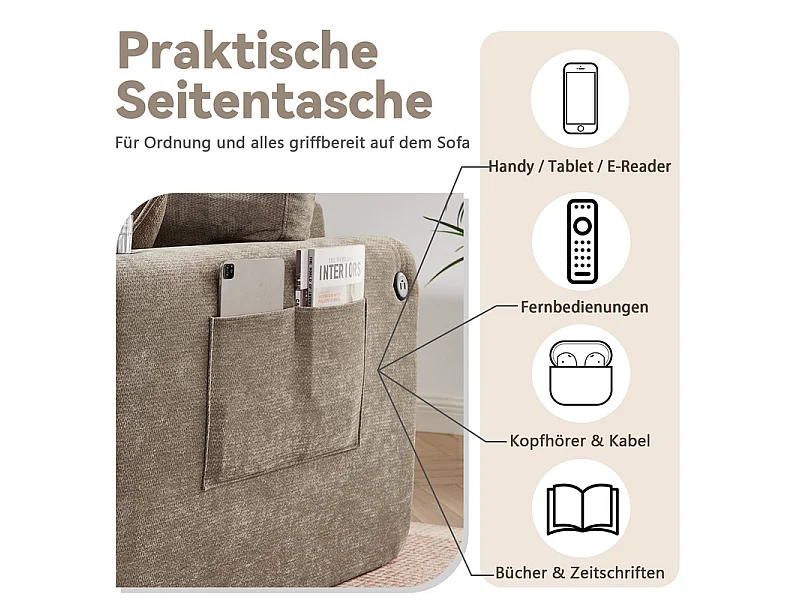 Divano 2 posti modulare in tessuto ciniglia, con portabicchieri e USB, 220x100x89cm, Marrone