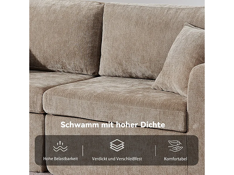 Divano 2 posti modulare in tessuto ciniglia, con portabicchieri e USB, 220x100x89cm, Marrone