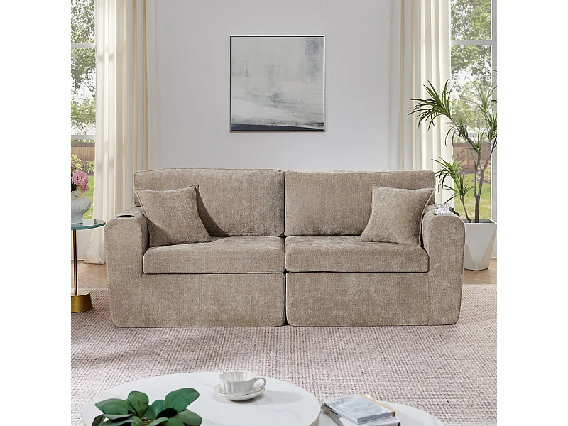 Divano 2 posti modulare in tessuto ciniglia, con portabicchieri e USB, 220x100x89cm, Marrone
