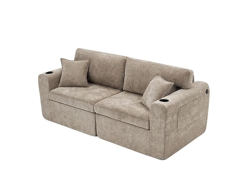 Modulaire 2-zits bank van chenillestof, met bekerhouder en USB, 220x100x89cm, Bruin