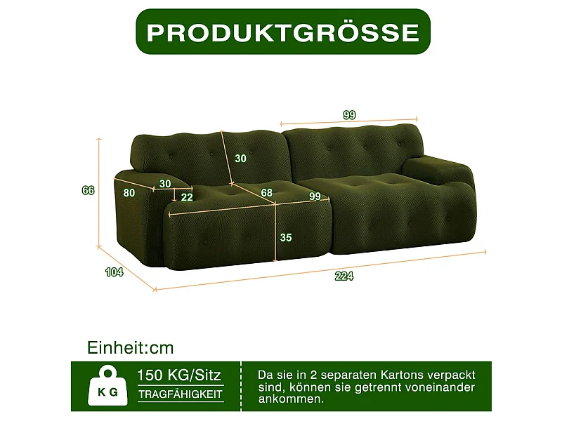224cm Divano modulare 2 posti in tessuto 3D a maglia, profondità seduta 68cm, Verde
