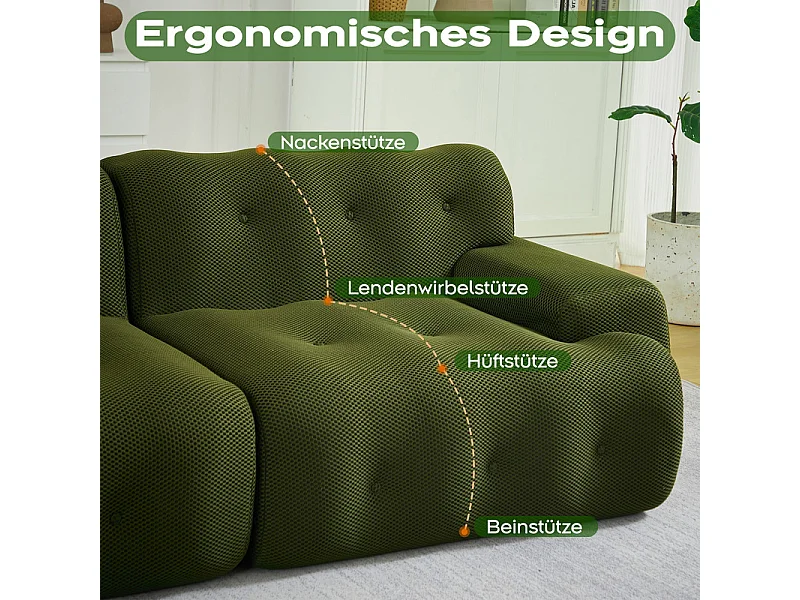 224cm Divano modulare 2 posti in tessuto 3D a maglia, profondità seduta 68cm, Verde
