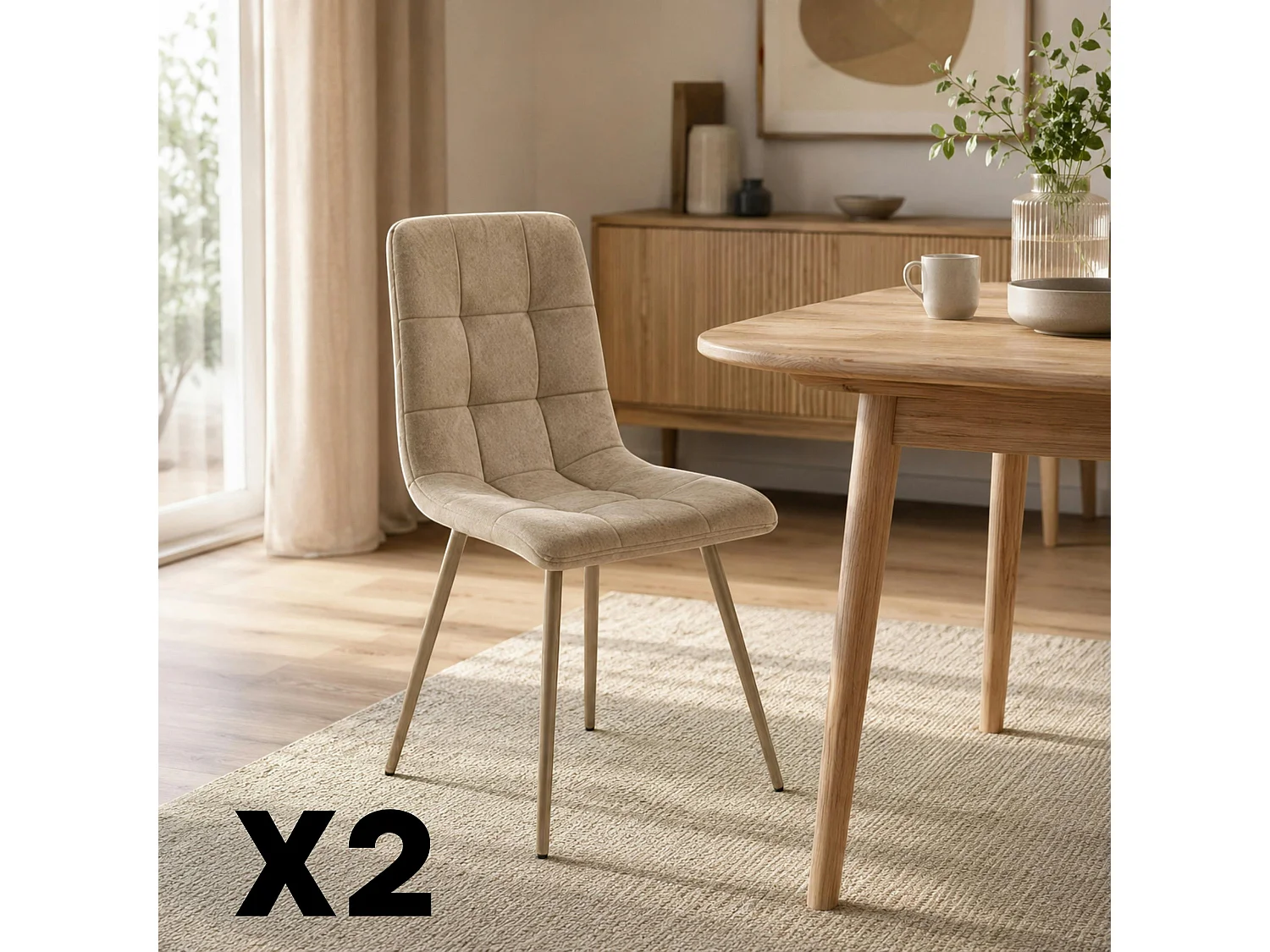 Chaise en tissu taupe motif damier (lot de 2) LORA