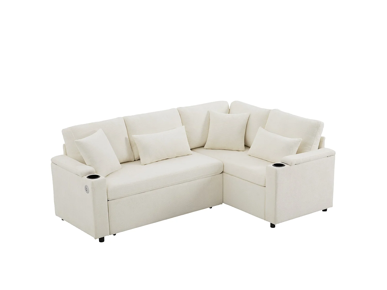 Canapé d'angle convertible, avec espace de rangement, port de chargement USB, 4 coussins, en tissu chenille, beige