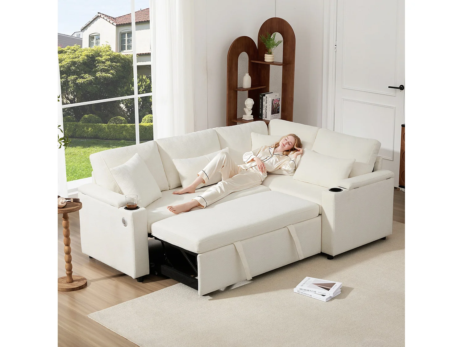 Canapé d'angle convertible, avec espace de rangement, port de chargement USB, 4 coussins, en tissu chenille, beige