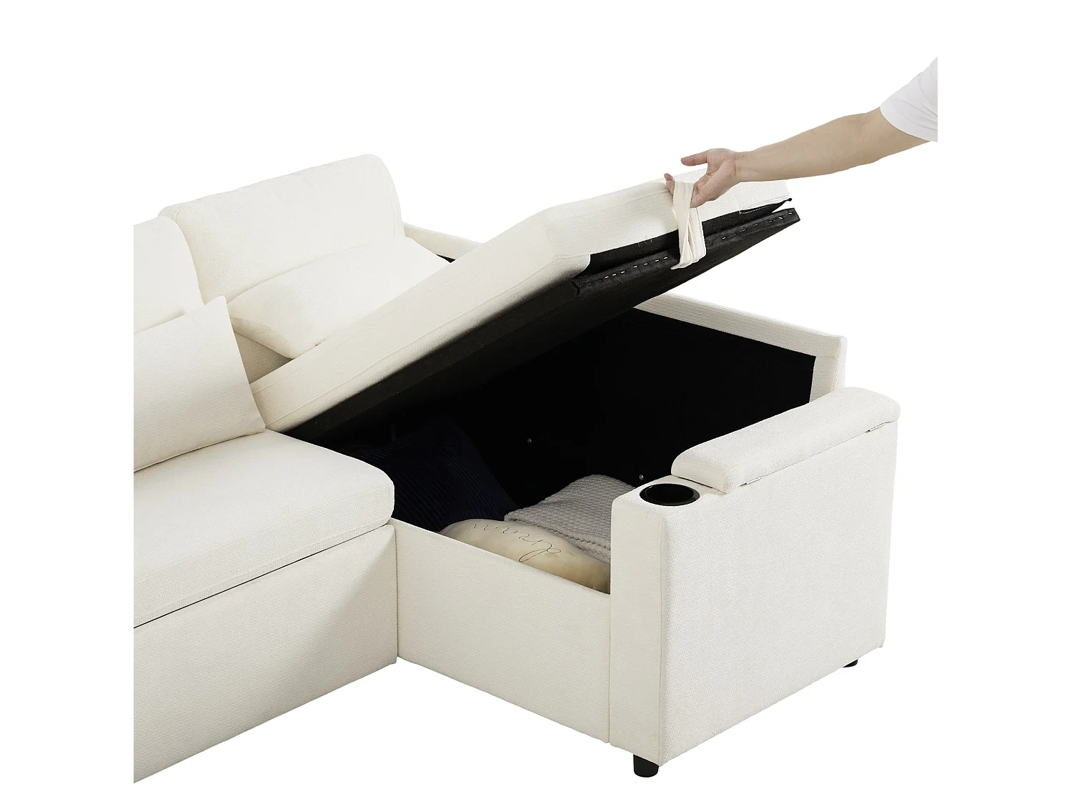 Canapé d'angle convertible, avec espace de rangement, port de chargement USB, 4 coussins, en tissu chenille, beige