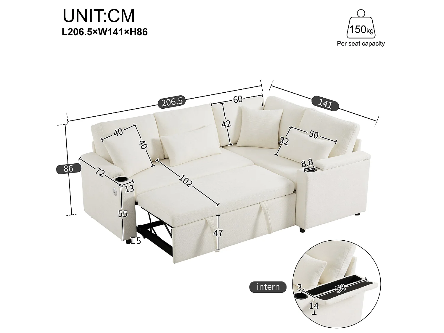 Canapé d'angle convertible, avec espace de rangement, port de chargement USB, 4 coussins, en tissu chenille, beige