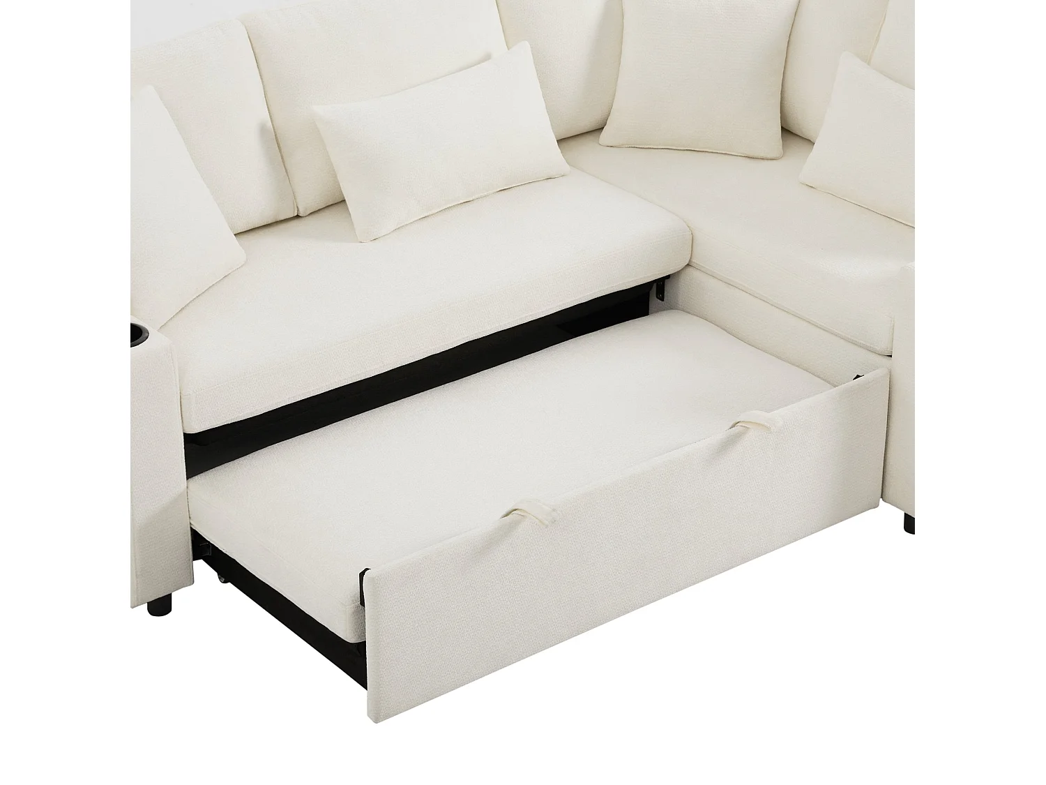 Canapé d'angle convertible, avec espace de rangement, port de chargement USB, 4 coussins, en tissu chenille, beige