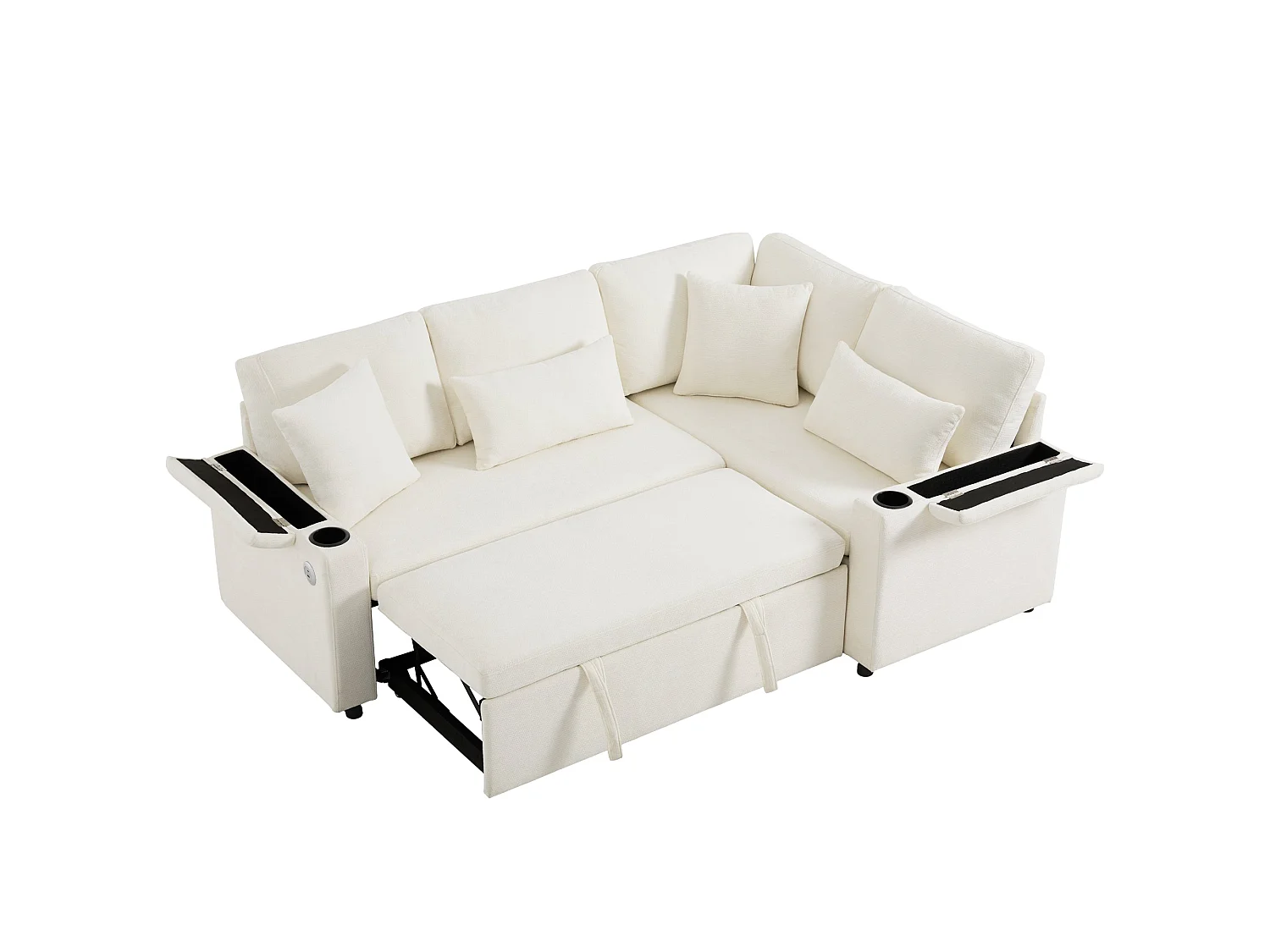 Canapé d'angle convertible, avec espace de rangement, port de chargement USB, 4 coussins, en tissu chenille, beige