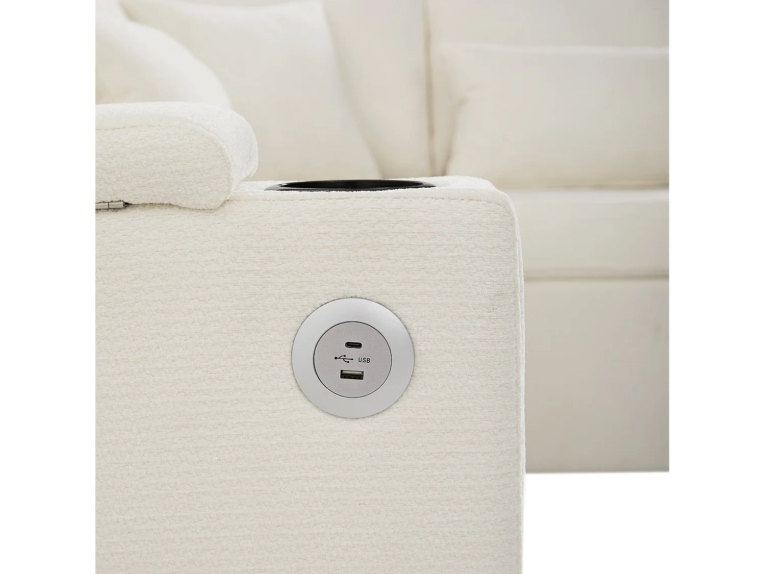 Canapé d'angle convertible, avec espace de rangement, port de chargement USB, 4 coussins, en tissu chenille, beige