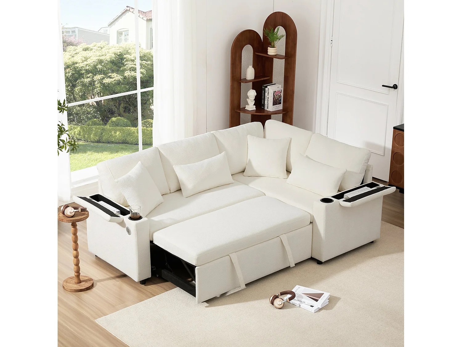 Canapé d'angle convertible, avec espace de rangement, port de chargement USB, 4 coussins, en tissu chenille, beige